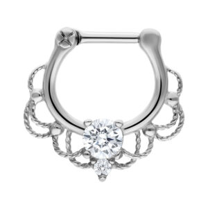 Clicker de septum en argent en acier chirurgical avec cristal clair sur fond blanc
