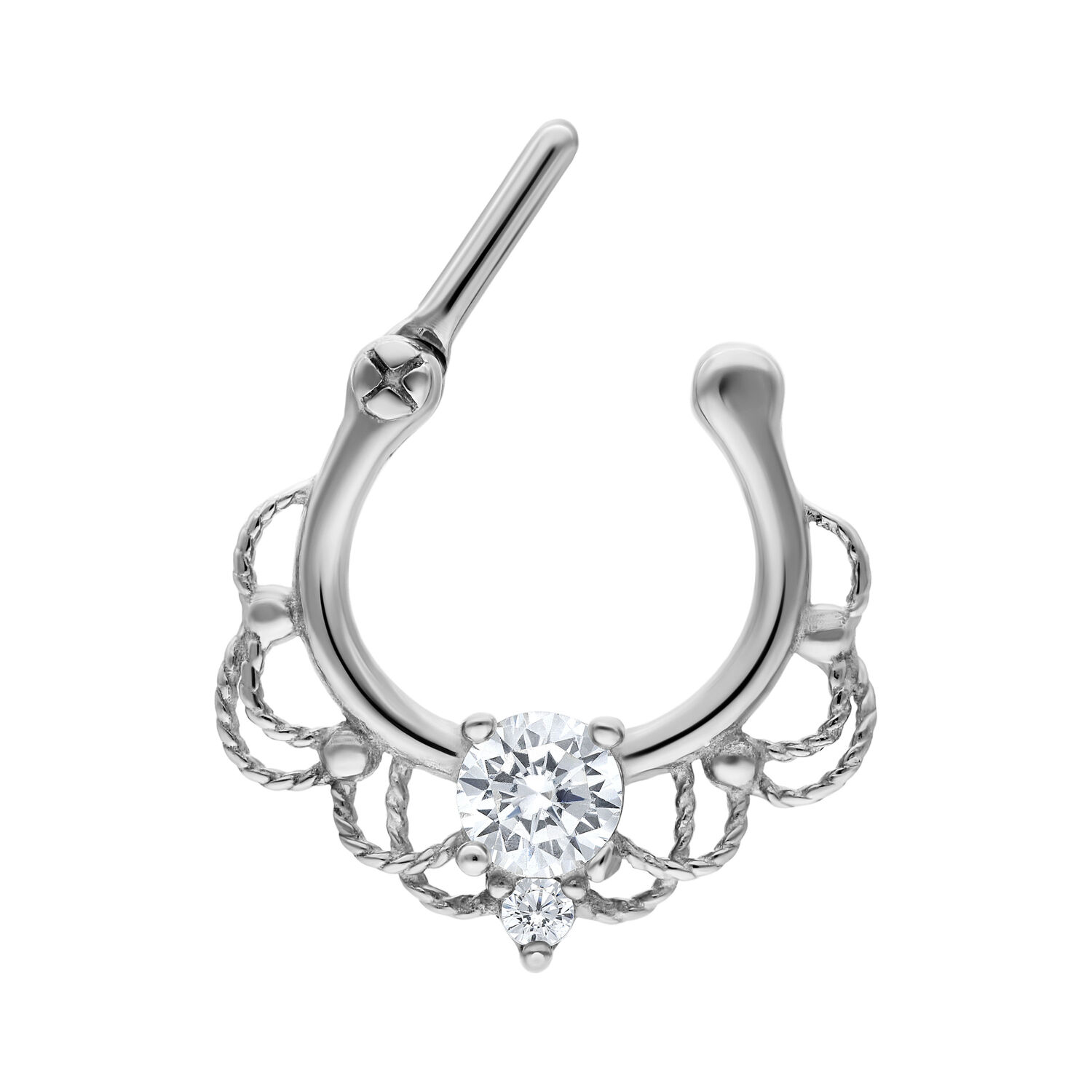 Clicker de septum argenté avec cristal clair sur fond blanc