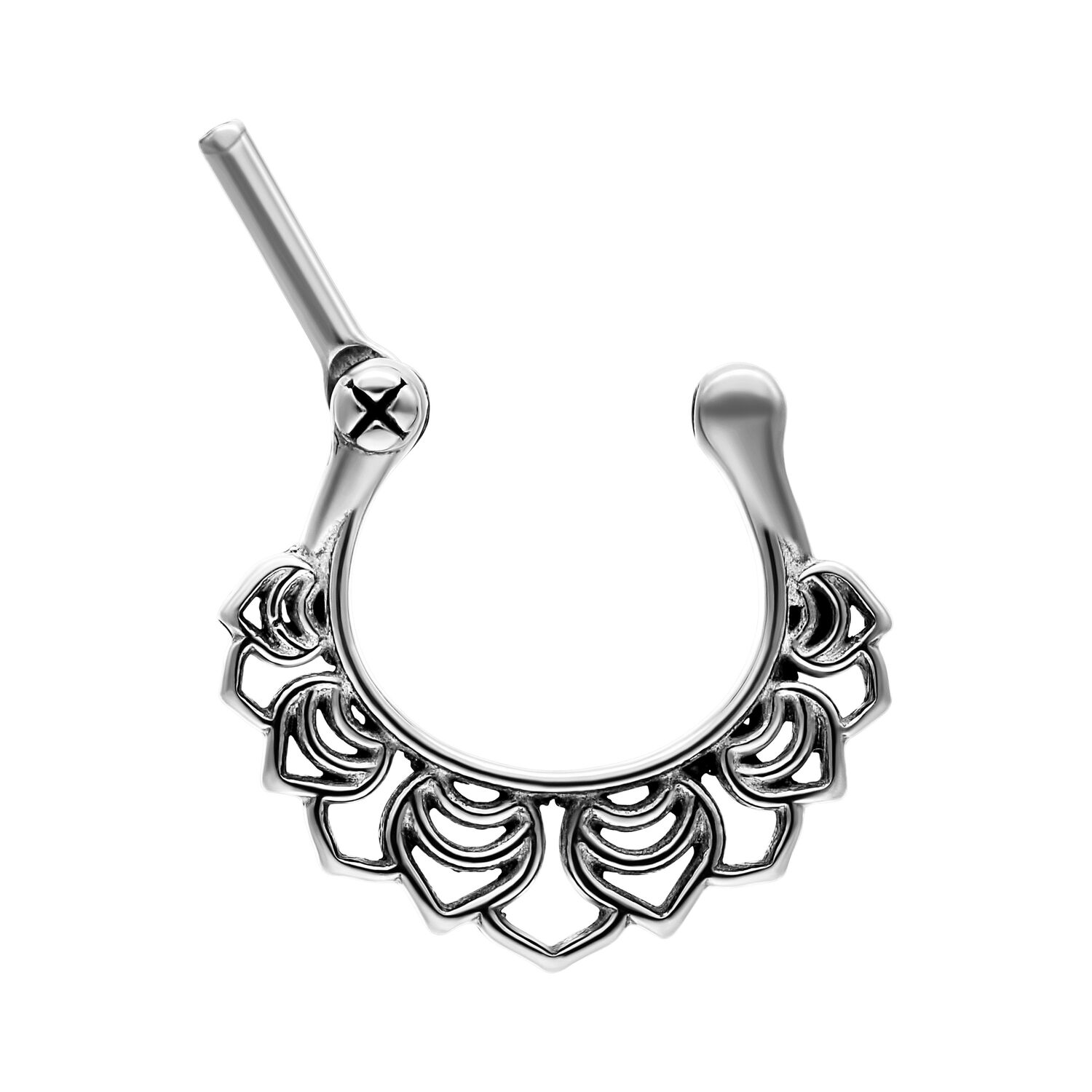 Clicker septum argenté avec détails floraux sur fond blanc