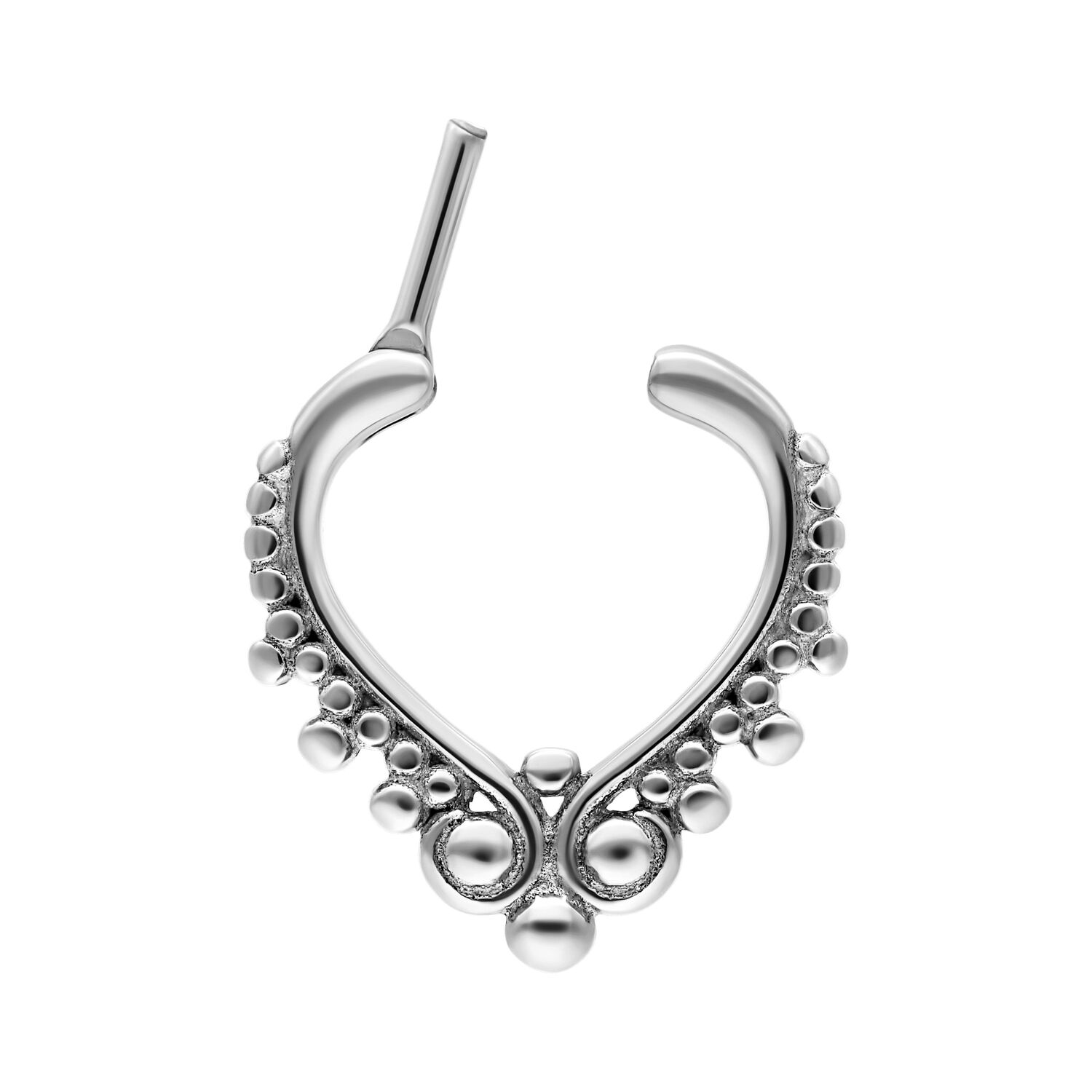 Clicker de Septum argenté en acier chirurgical Clicker de Septum argenté avec décoration de perles sur fond blanc