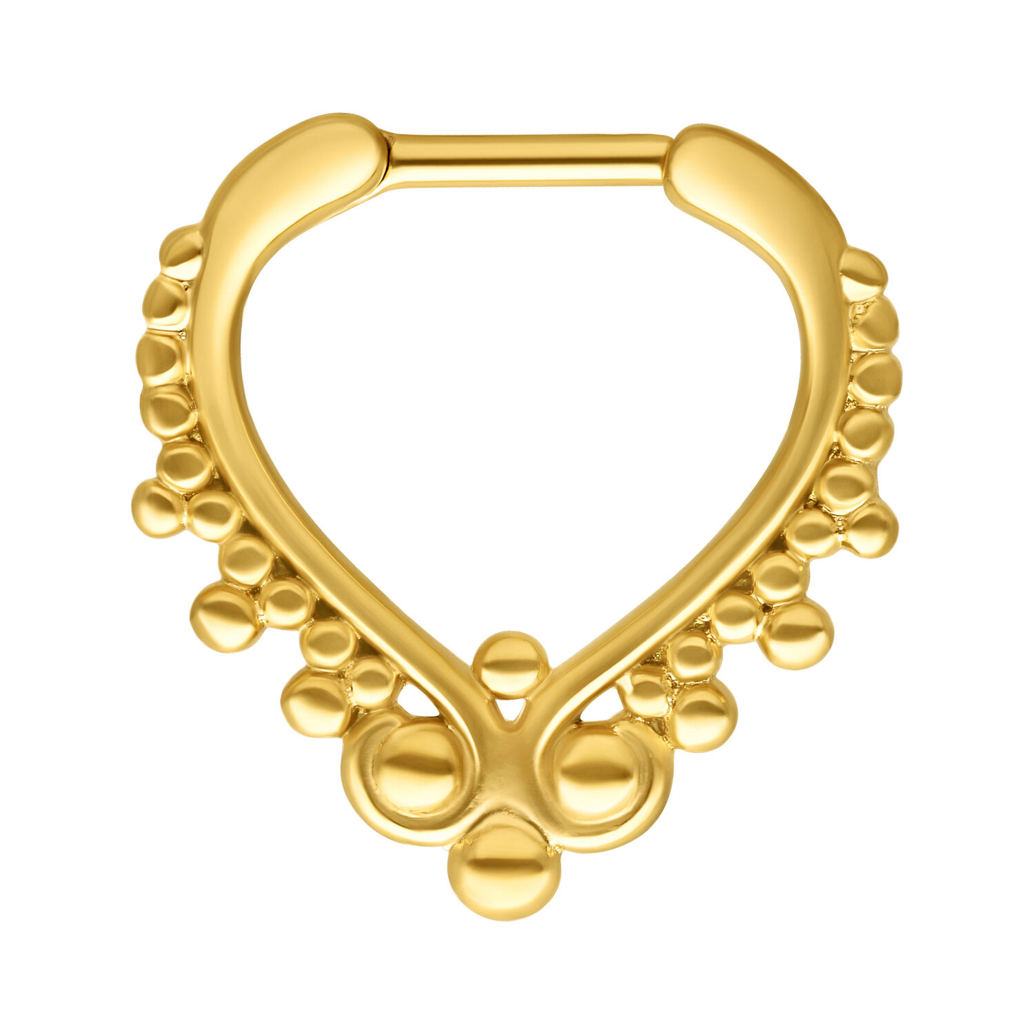 Clicker de septum doré avec design à billes en acier chirurgical sur fond blanc