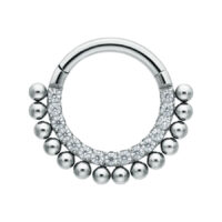 Clicker en Cristal Little Balls Argenté Anneau de piercing argenté avec cristaux et petites boules sur fond blanc