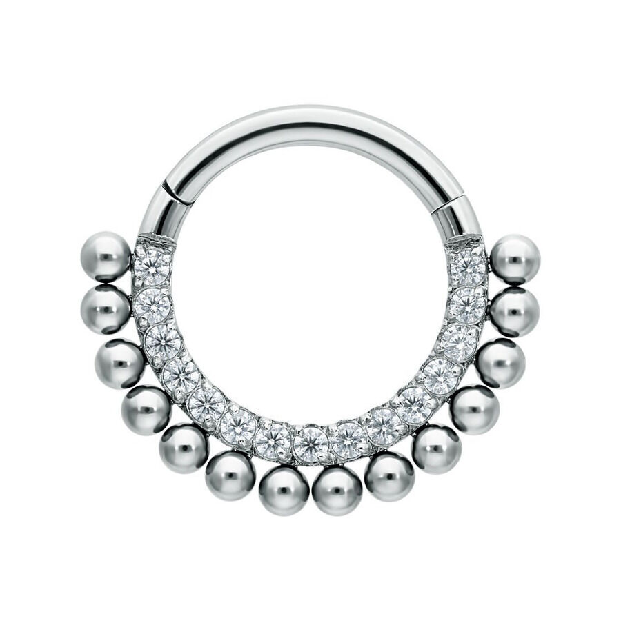 Clicker en Cristal Little Balls Argenté Anneau de piercing argenté avec cristaux et petites boules sur fond blanc