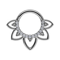 Clicker de septum en titane noir avec cristaux clairs sur fond blanc