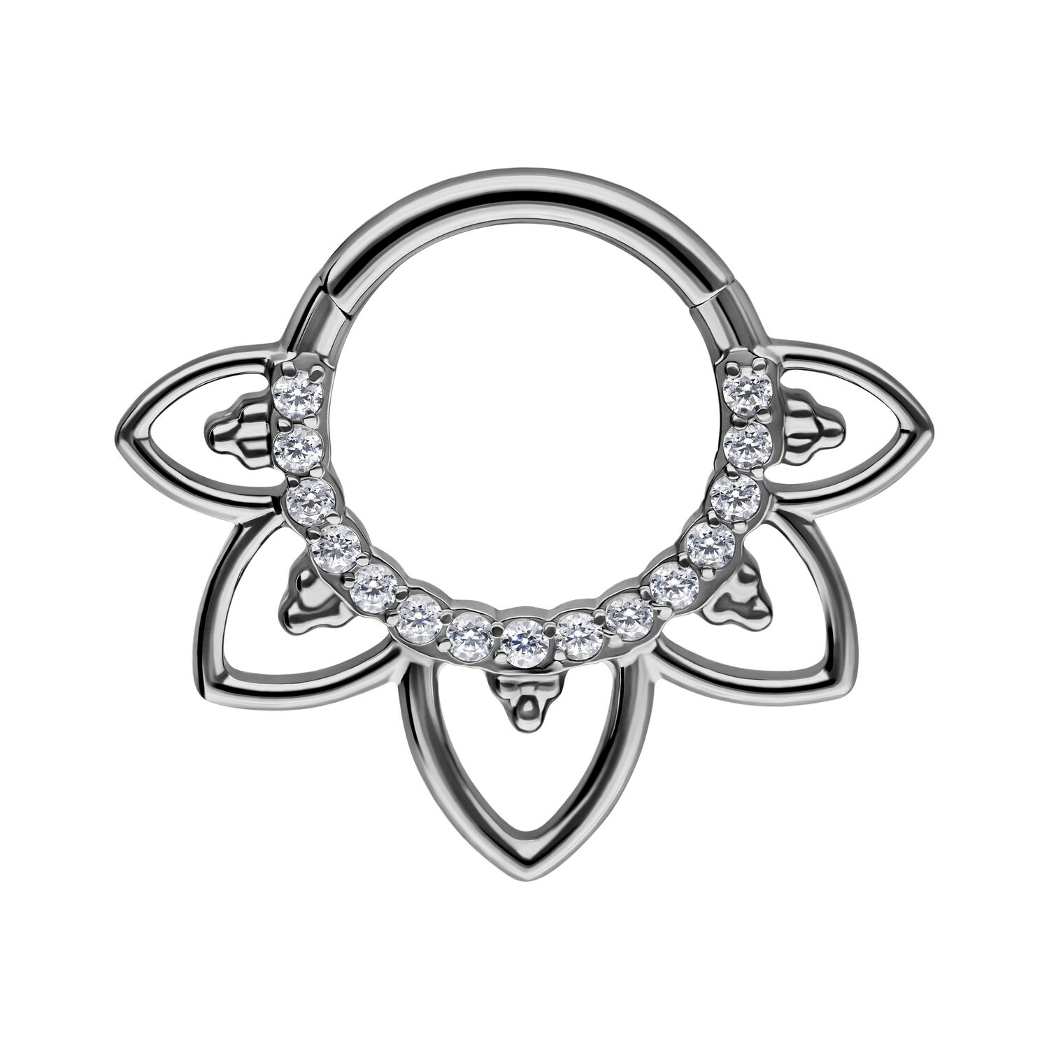 Clicker de septum en titane noir avec cristaux clairs sur fond blanc
