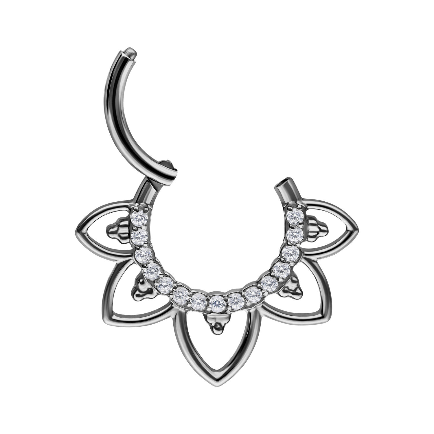 Clicker de septum en argent avec cristaux clairs sur fond blanc