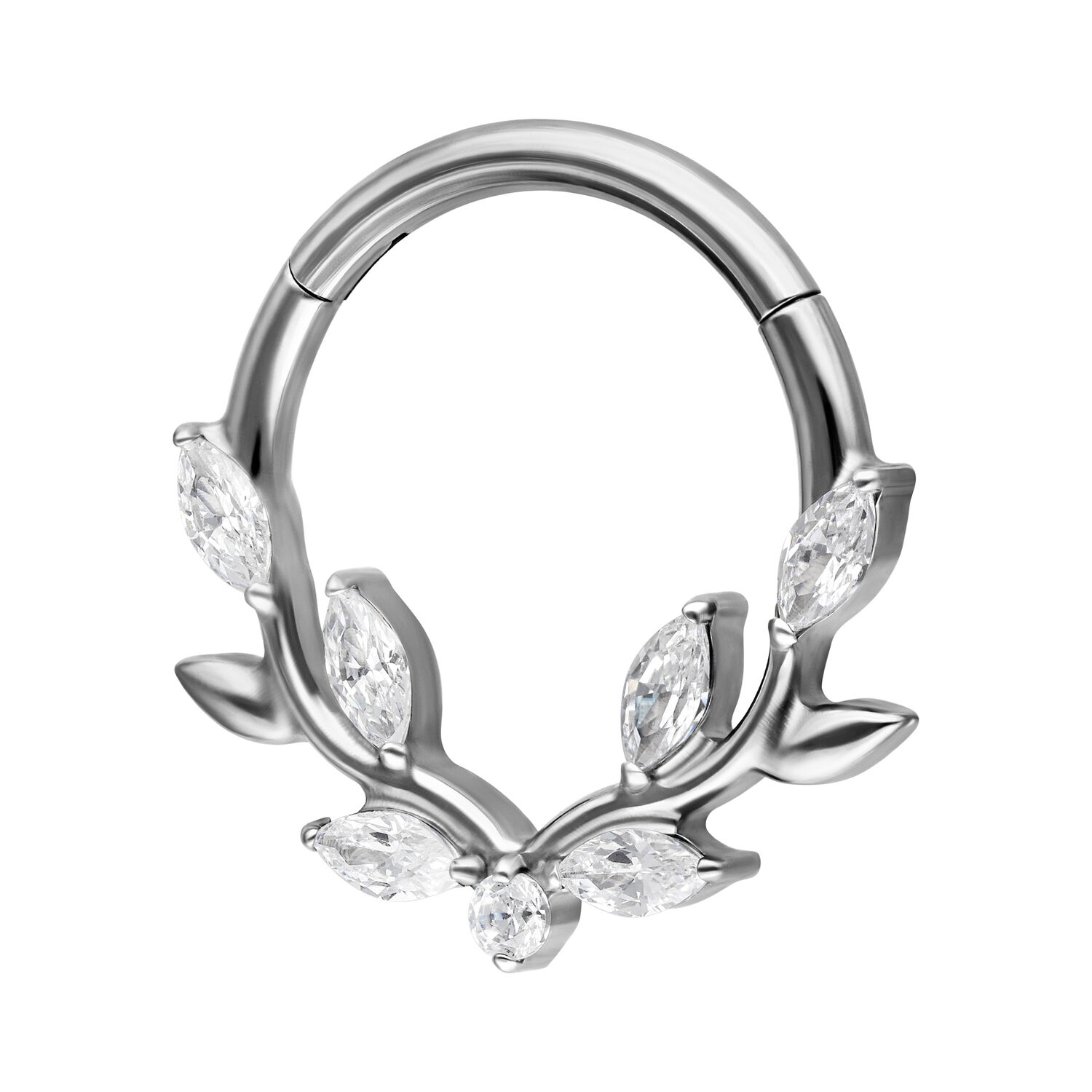 Clicker de septum argenté en titane avec feuilles de cristal scintillantes sur fond blanc