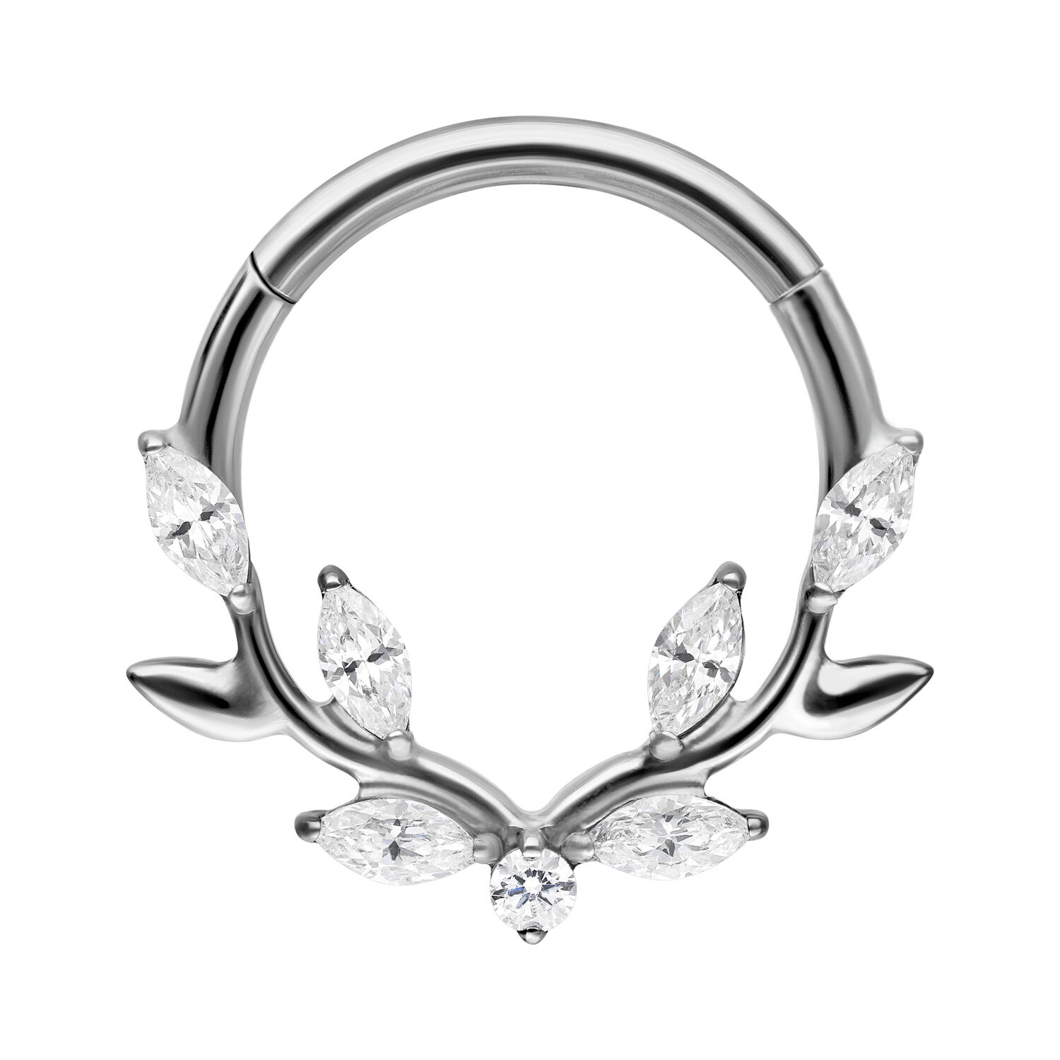 Clicker de septum argenté avec design de feuille en cristal sur fond blanc