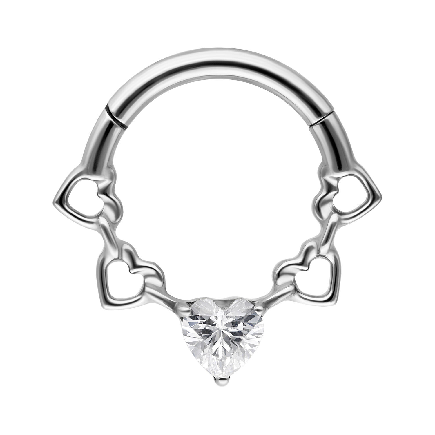 Septum clicker argenté avec détails de cœur et cristal sur fond blanc