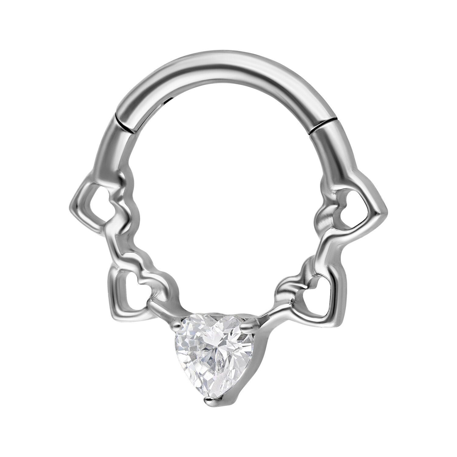 Clicker de septum argenté avec design en cœur et cristal sur fond blanc