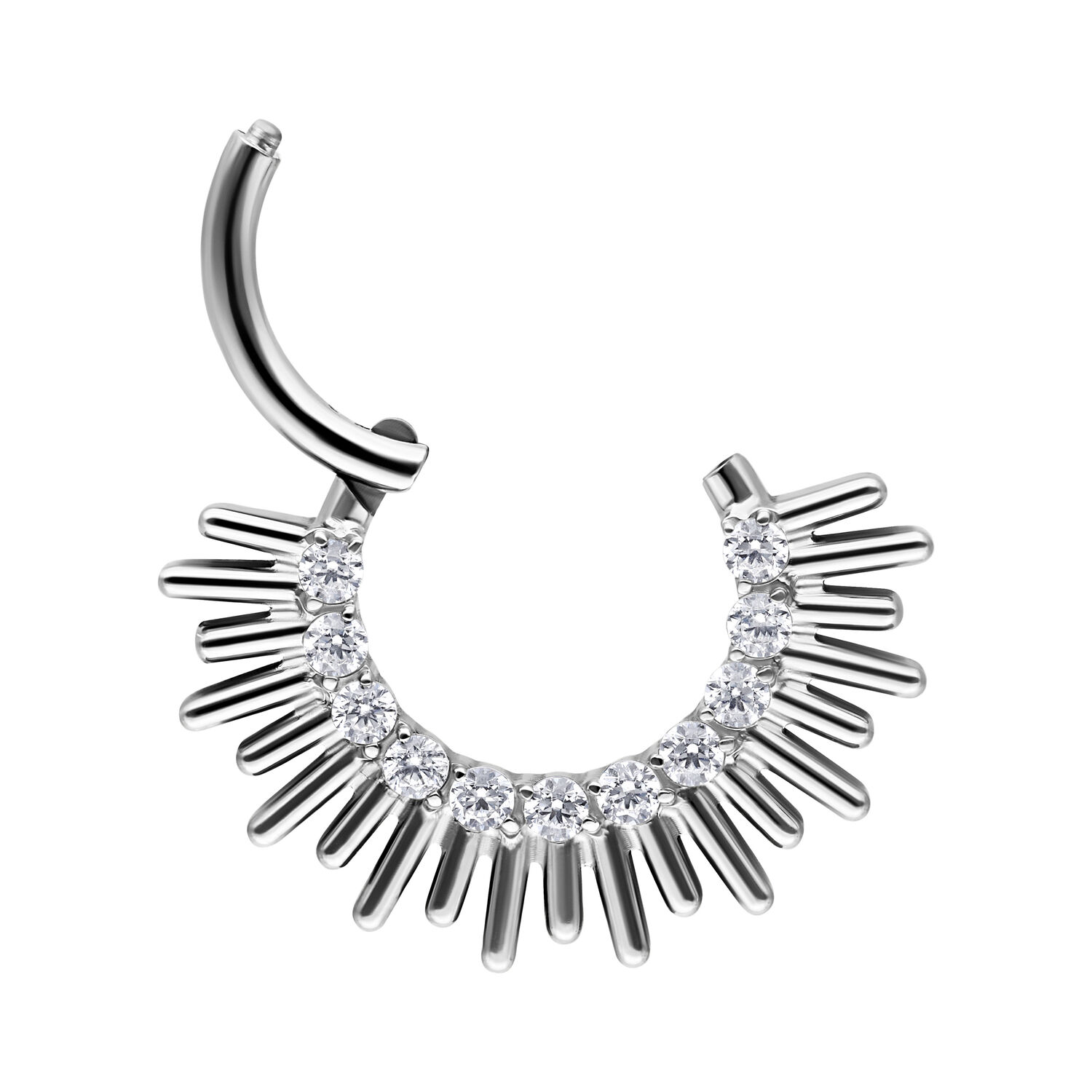 Clicker de septum argenté en titane avec cristaux scintillants sur fond blanc