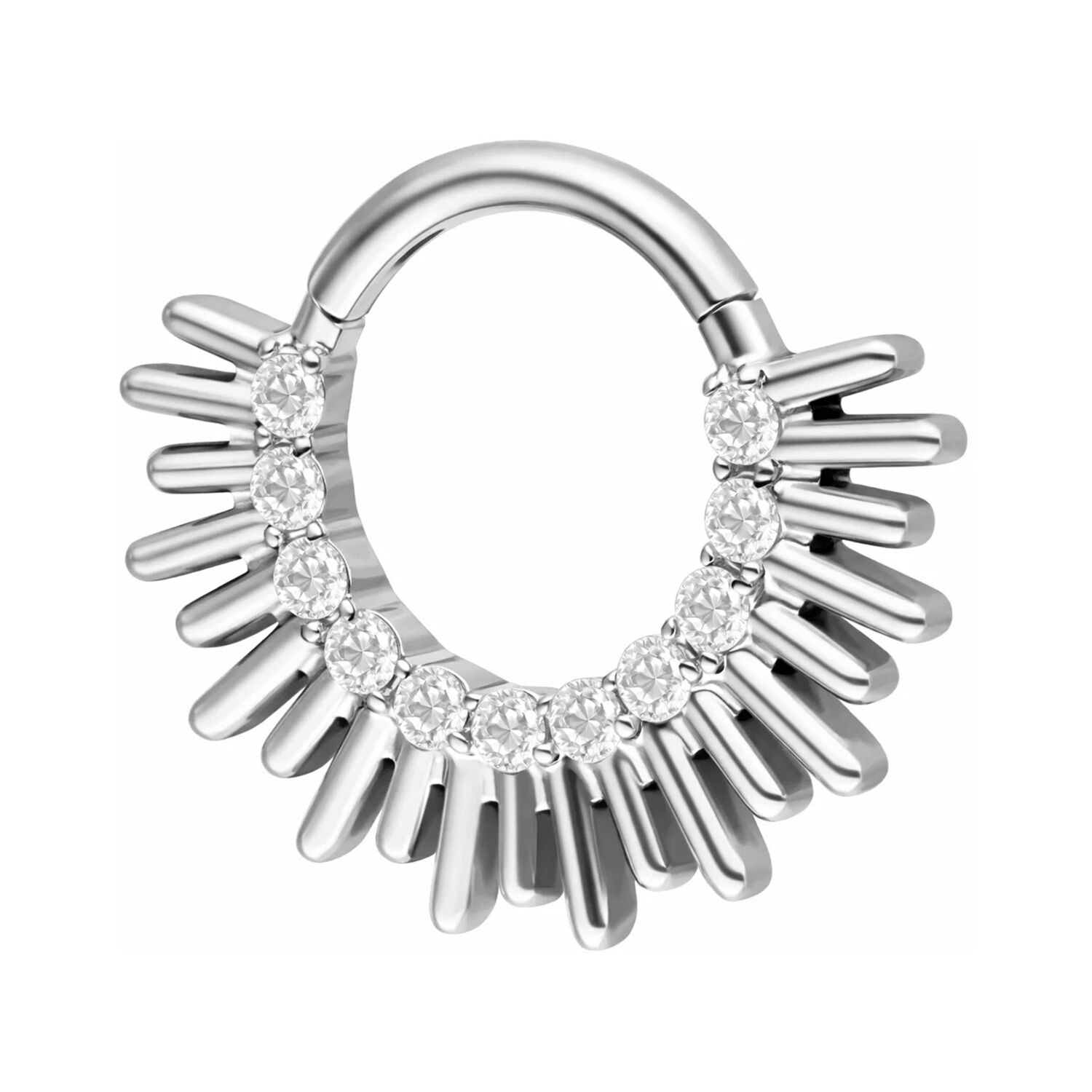 Clicker de septum argenté en titane avec zircones scintillantes sur fond blanc