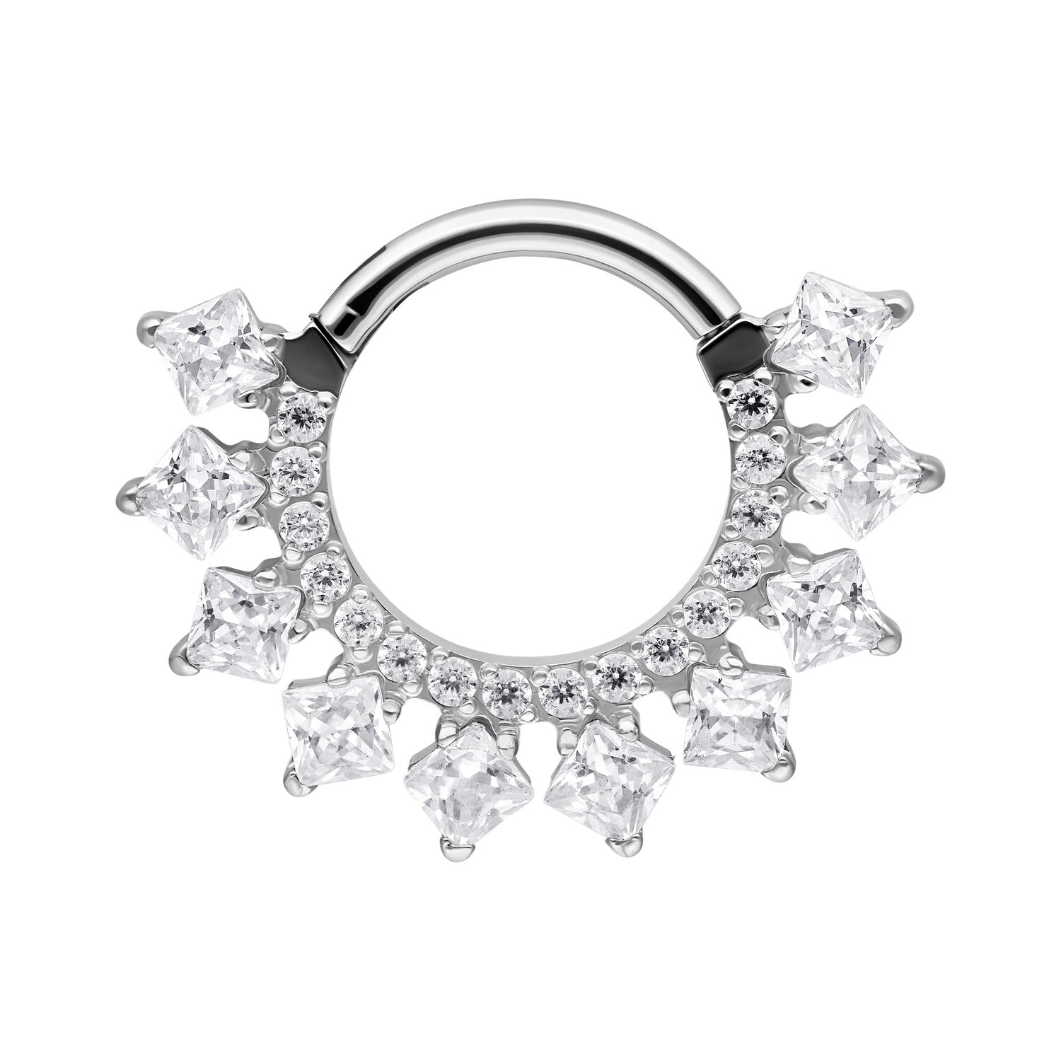 Clicker de Septum Halo Cristal en Argent Clicker de septum en argent avec cristaux scintillants sur fond blanc