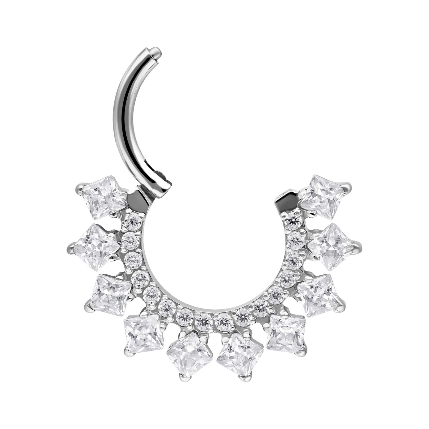Clicker de Septum Halo Cristal en Argent Clicker de septum argenté avec cristaux scintillants sur fond blanc