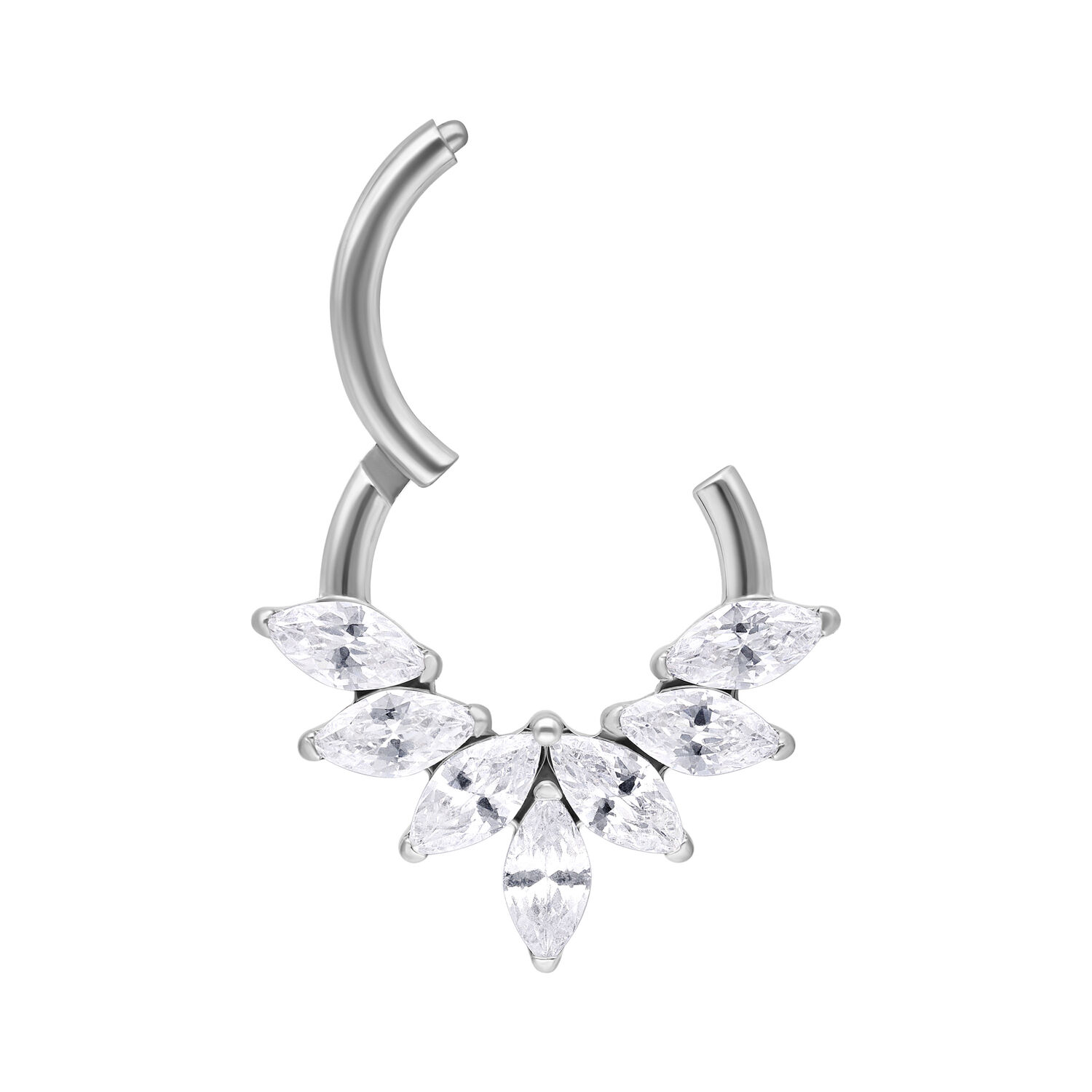 Clicker de septum en cristal Marquise argenté Clicker de septum argenté avec cristaux Marquise sur fond blanc