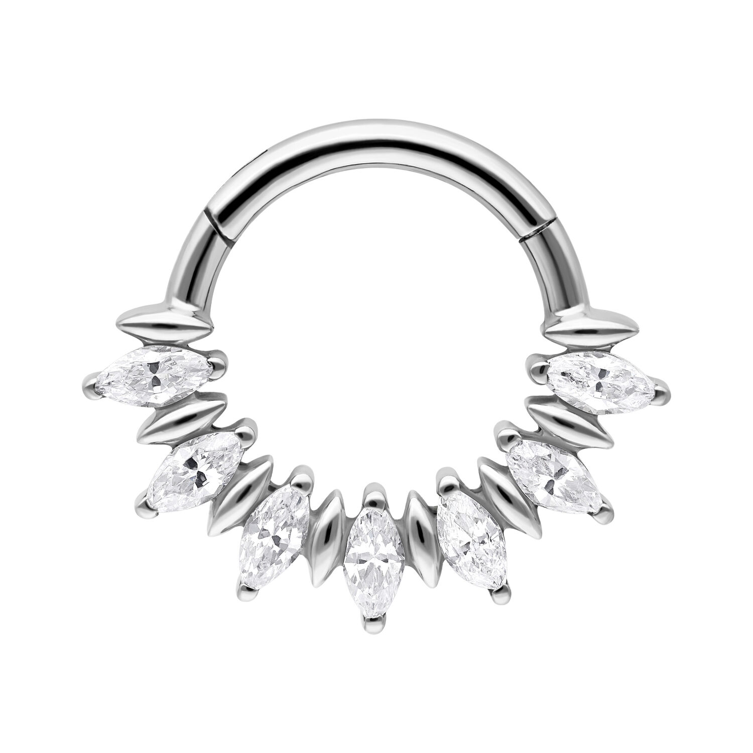 Marquise Sunburst Septum Clicker en argent Clicker de septum en argent avec pierres marquise sur fond blanc