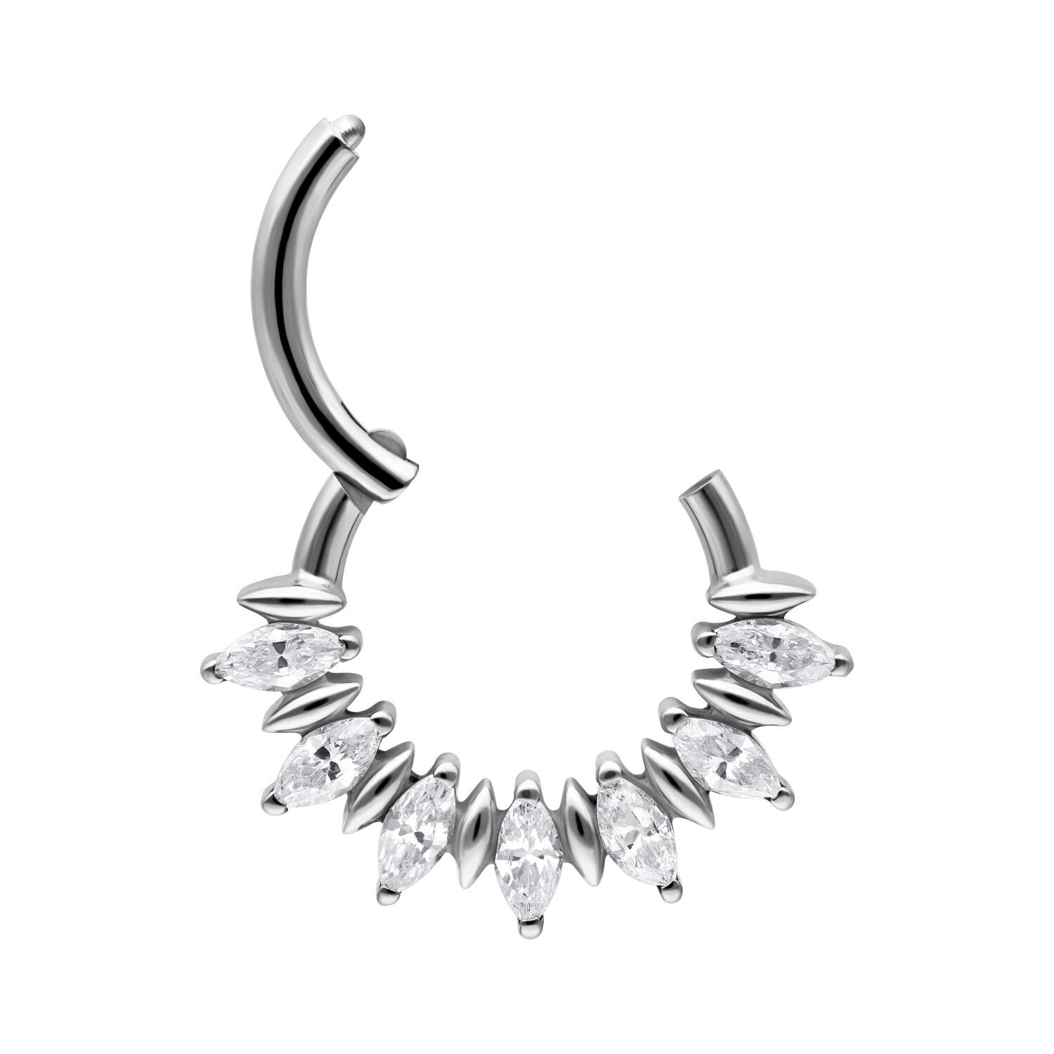 Marquise Sunburst Septum Clicker en argent Clicker de septum en argent avec pierres marquise sur fond blanc