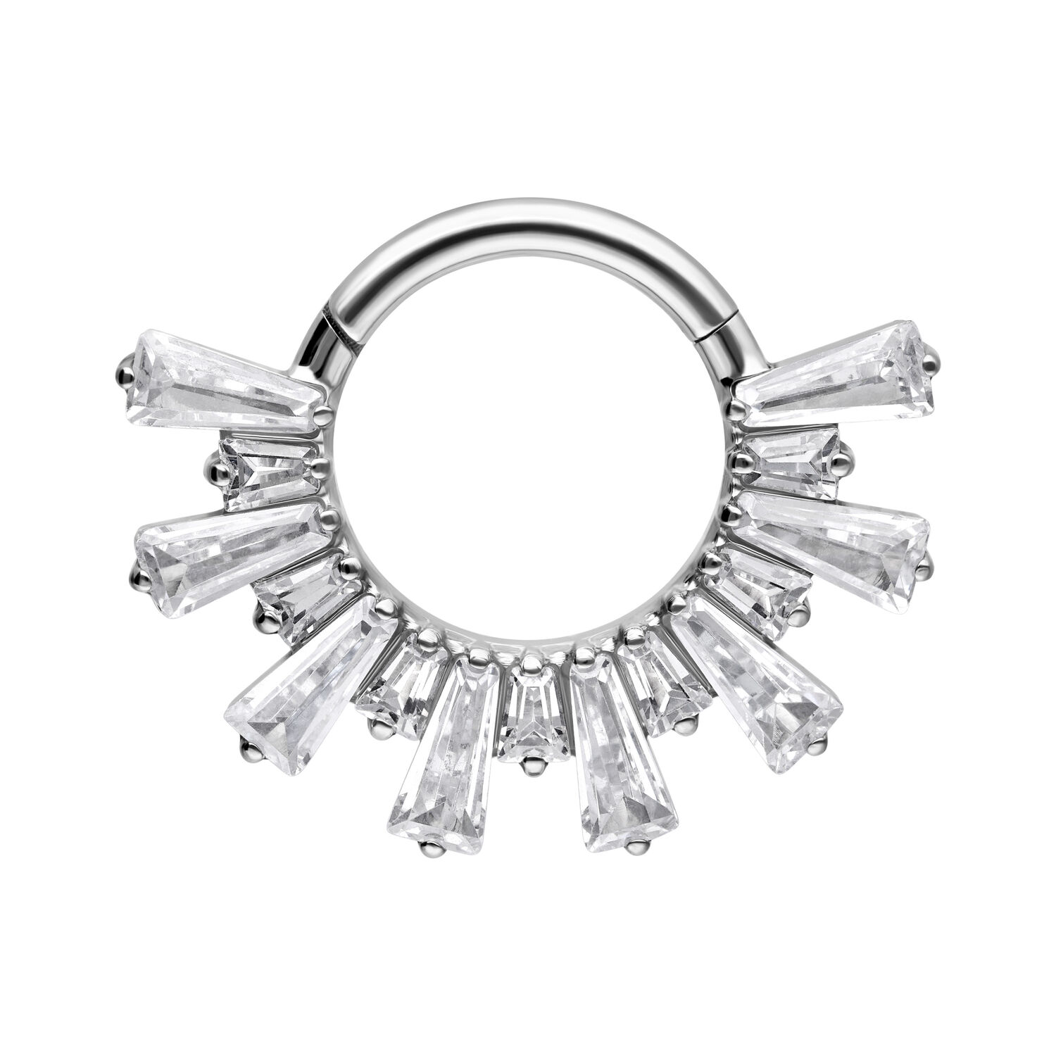 Clicker de Septum en Cristal en Titane Argenté Clicker de Septum argenté en titane avec des cristaux scintillants sur fond blanc