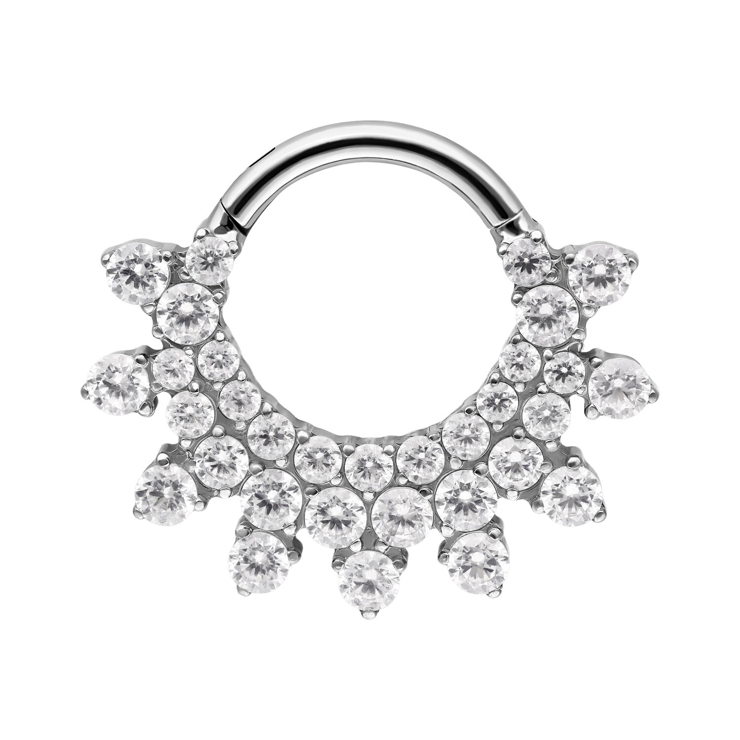 Divine Crystal Clicker de Septum en Argent Clicker de septum argenté avec des cristaux scintillants sur fond blanc