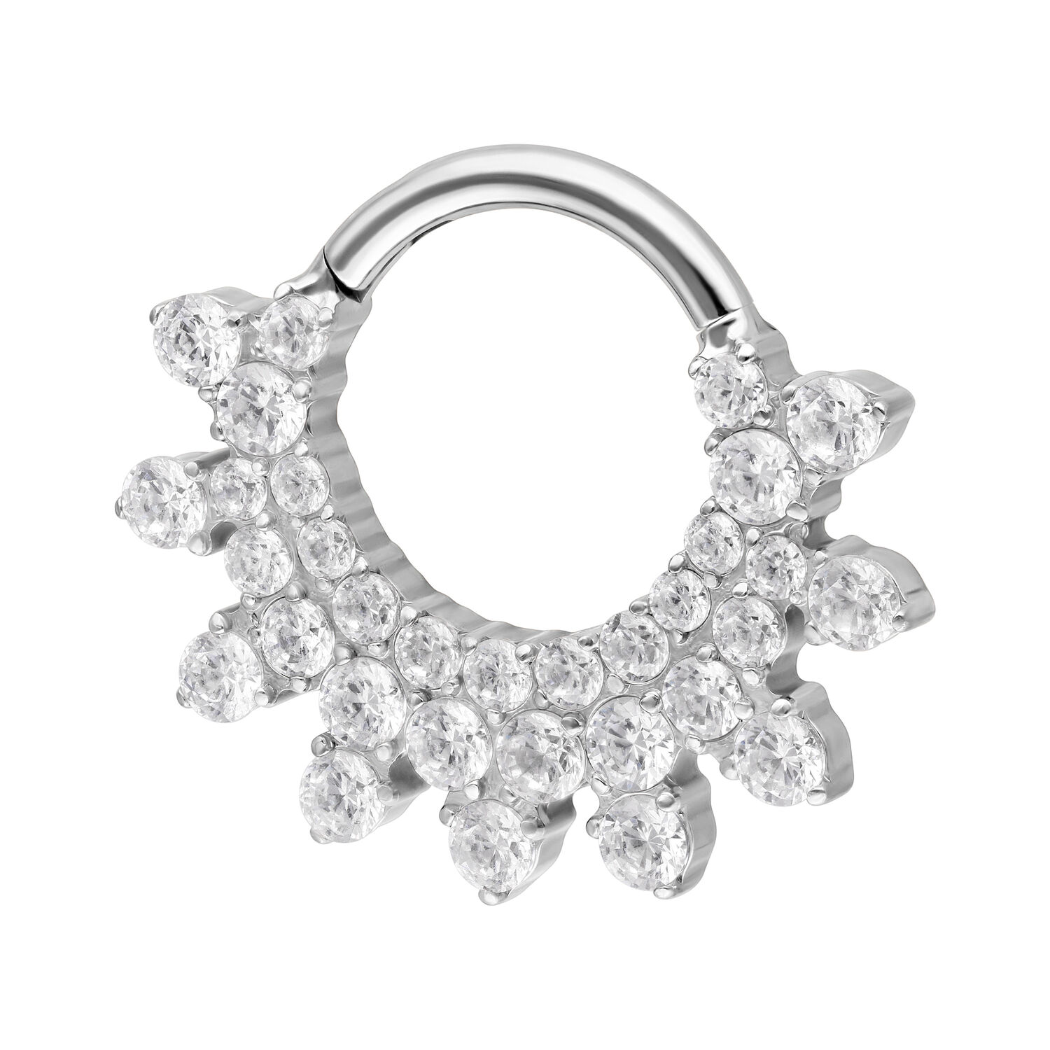 Clicker de septum argenté avec cristaux Clicker de septum argenté en titane avec cristaux scintillants sur fond blanc