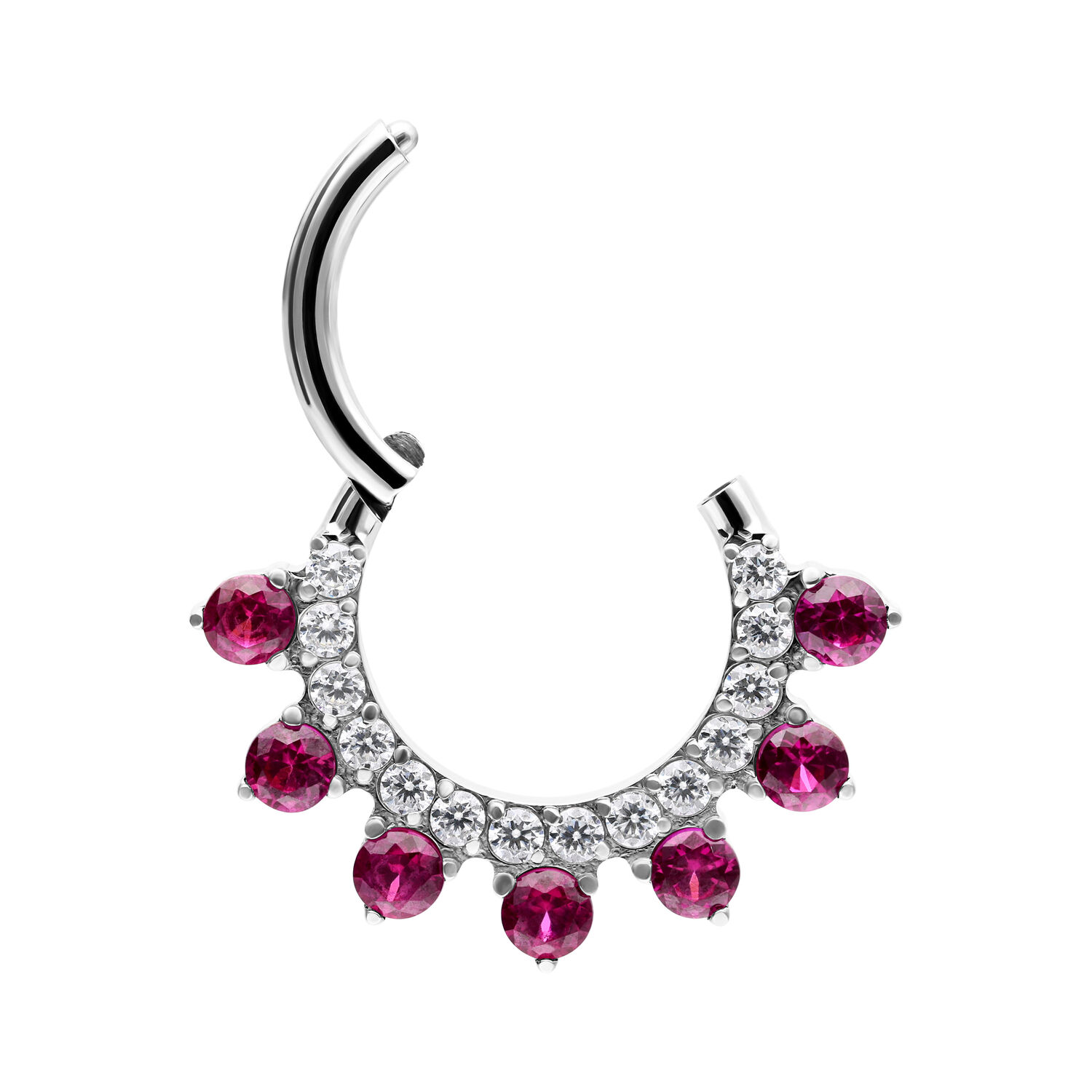 Anneau de piercing argenté avec cristaux rouges sur fond blanc