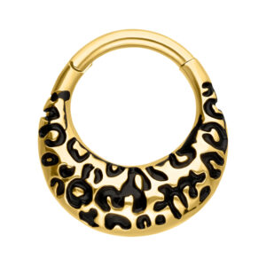 Clicker de septum doré avec motif léopard noir sur fond blanc
