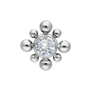 Embout en titane argenté avec cristal clair au centre et boules autour sur fond blanc