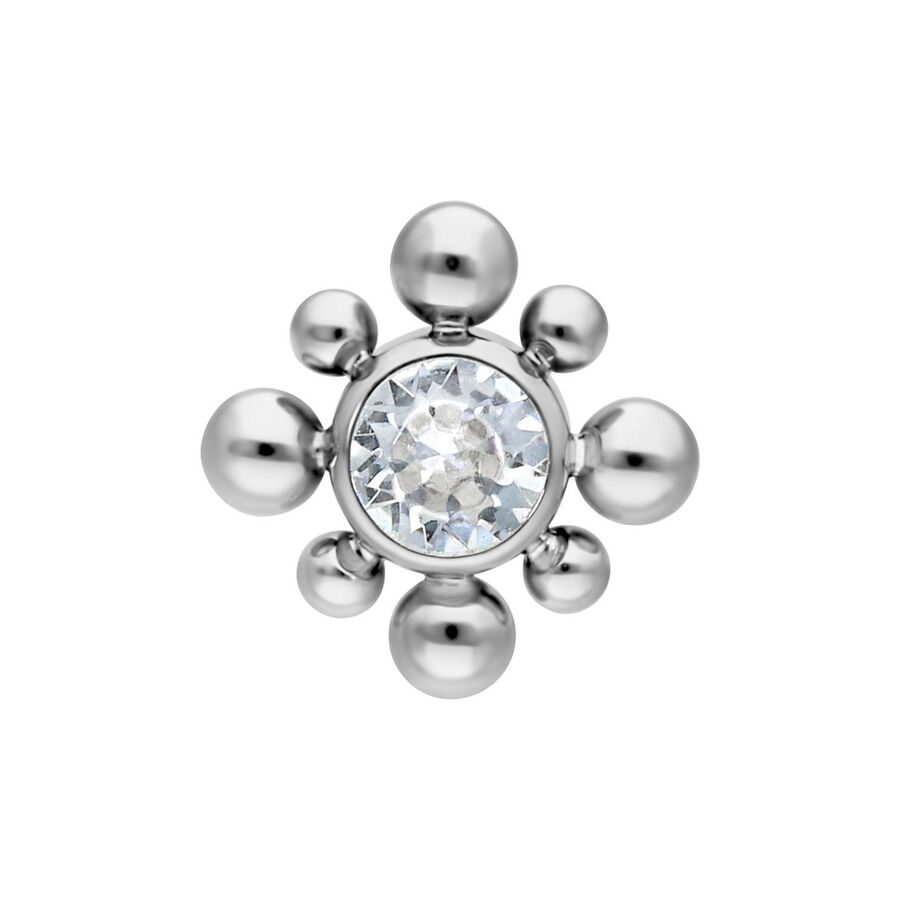 Embout en titane avec cristal et boules, argent Embout en titane argenté avec cristal clair au centre et boules autour sur fond blanc
