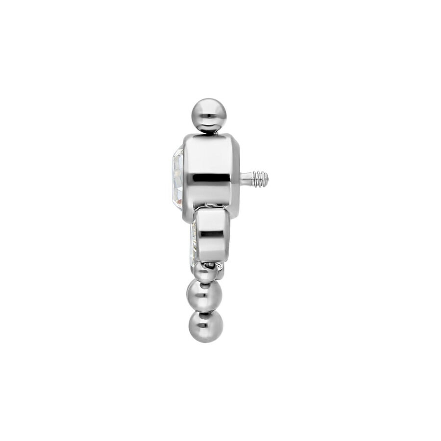 Embout de piercing argenté avec cristal clair sur fond blanc