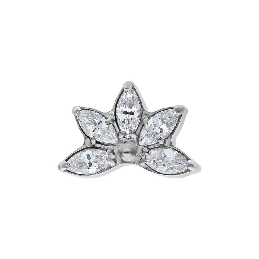 Embout de piercing en titane argenté avec cristaux Embout de piercing en titane argenté avec cinq cristaux clairs sur fond blanc