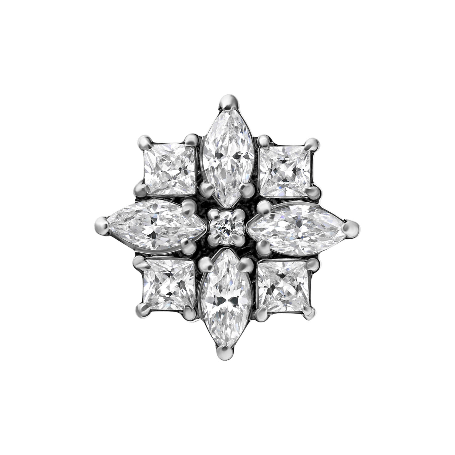 Embout en titane argenté avec pierres de zirconium Embout argenté en titane avec pierres de zirconium scintillantes sur fond blanc