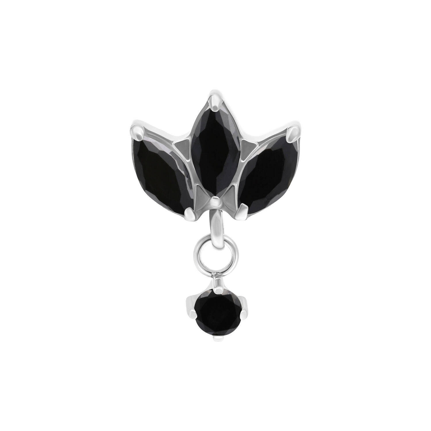 Embout de piercing en argent avec cristaux noirs sur fond blanc