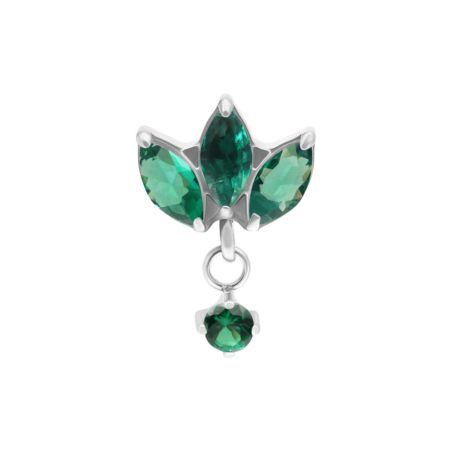 Embout de piercing en titane argenté avec cristaux vert émeraude sur fond blanc