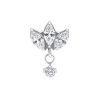 Embout de piercing en titane argenté avec trois cristaux clairs en forme de feuille et une pierre pendante