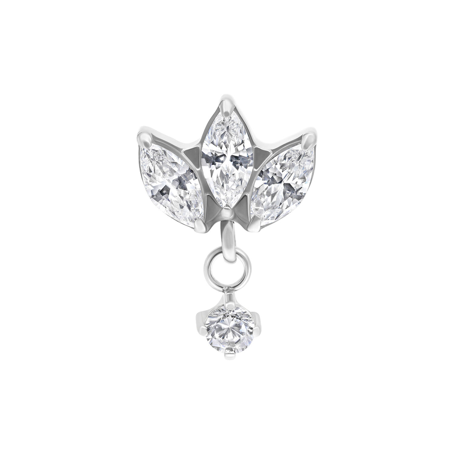 Embout de piercing en titane argenté avec trois cristaux clairs en forme de feuille et une pierre pendante