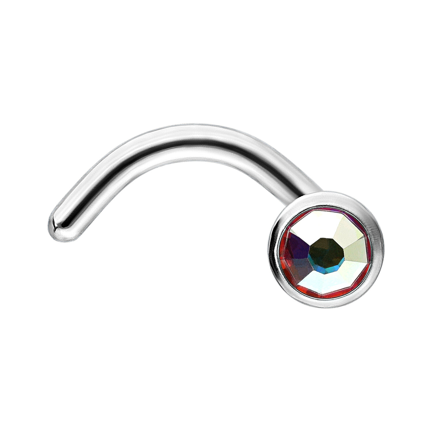Clou de nez en argent avec cristal Aurora Boreale Clou de nez en argent avec tige courbée et cristal facetté Aurora Boreale sur fond blanc