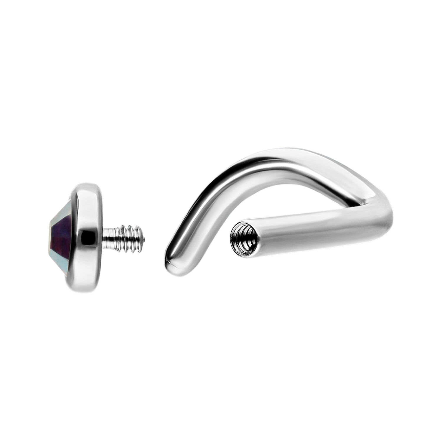 Clou de nez en argent avec cristal Aurora Boreale Clou de nez en argent en titane avec cristal Aurora Boreale, montrant le filetage et la forme courbée.