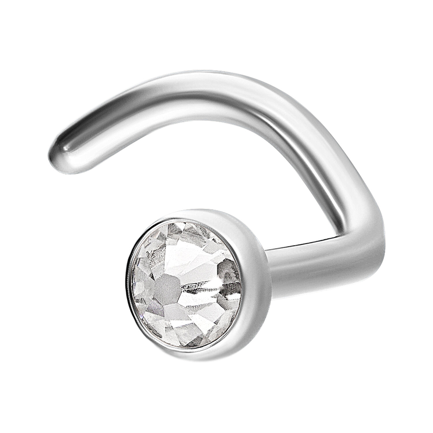 Clou de nez argenté avec cristal rond clair sur fond blanc