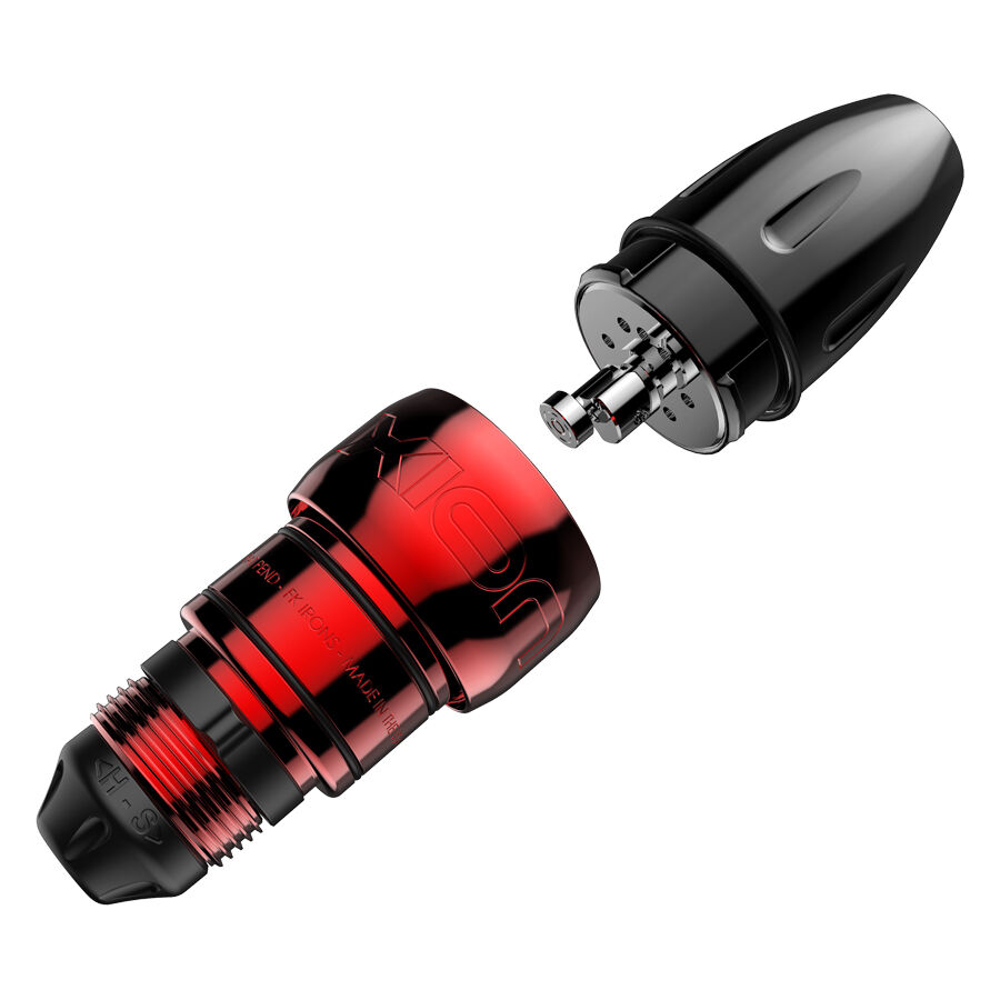Xion Pen Rouge Noir Machine à tatouer Xion Pen noir et rouge en aluminium sur fond blanc