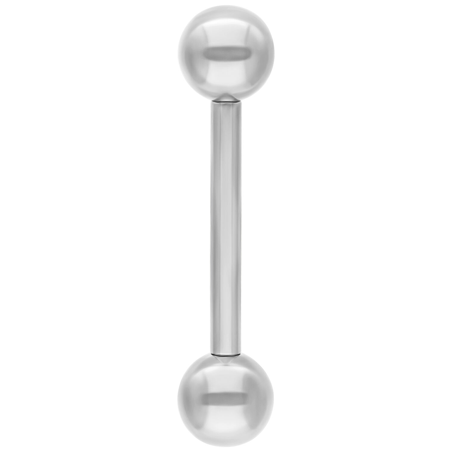 Piercing en titane argenté avec filetage interne Piercing argenté avec deux boules, disposées verticalement, sur fond blanc