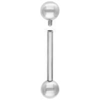 Barbell en titane argenté 2,4 mm x 30 mm Barbell en titane argenté avec deux boules, une dévissée, sur fond blanc