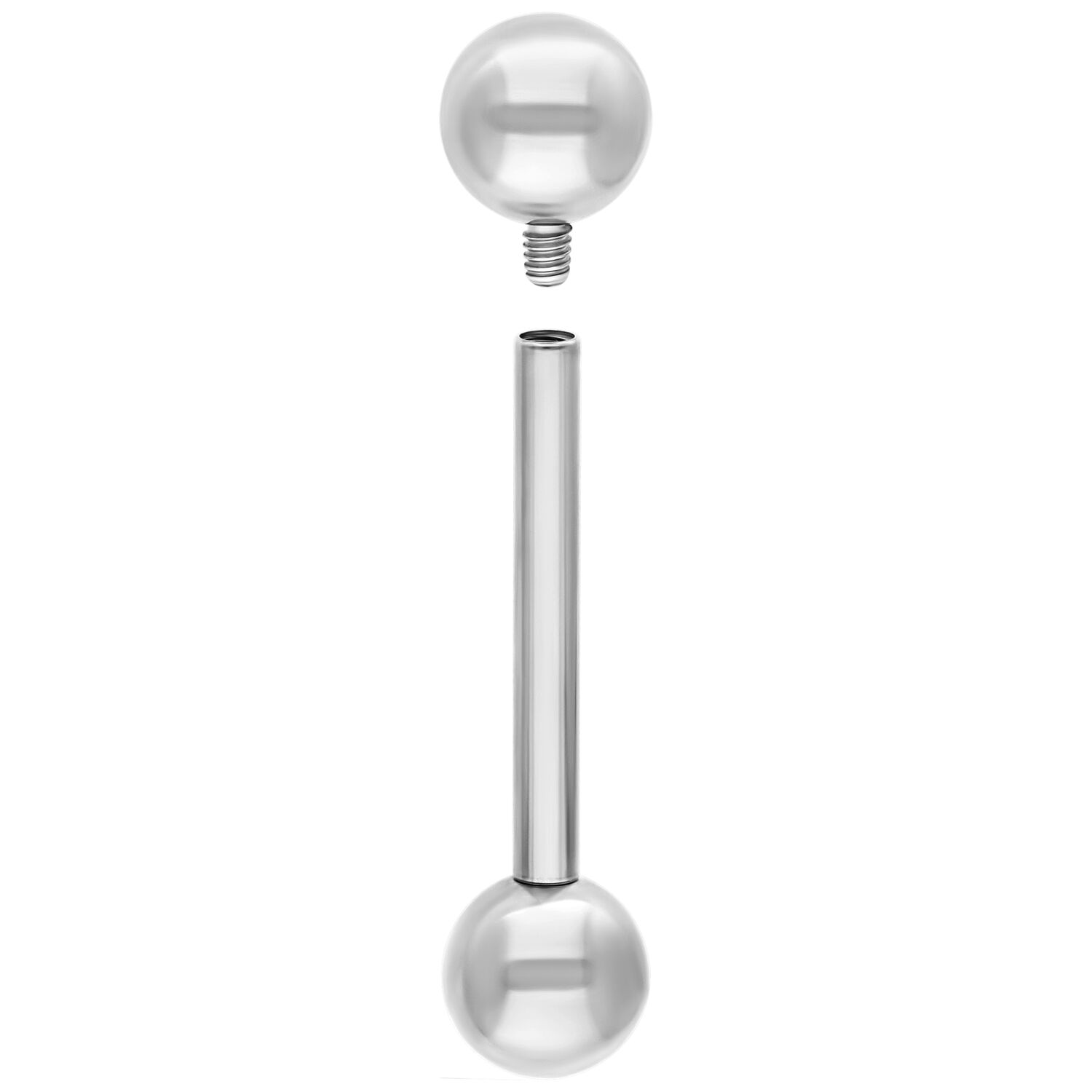 Barbell en titane argenté 2,4 mm x 30 mm Barbell en titane argenté avec deux boules, une dévissée, sur fond blanc