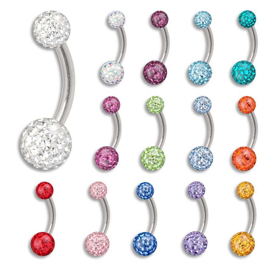Piercing de nombril avec cristaux colorés Différents bananabells en titane avec cristaux colorés sur fond blanc