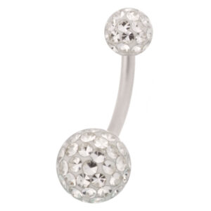 Piercing de nombril en argent avec cristaux clairs sur fond blanc