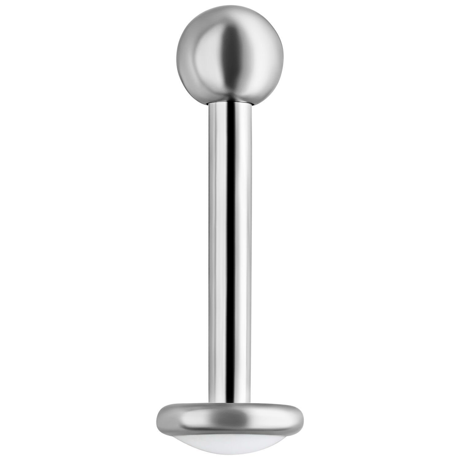Labret en titane avec filetage externe, argent, 1,2 mm Labret en titane argenté avec boule sur fond blanc, filetage externe