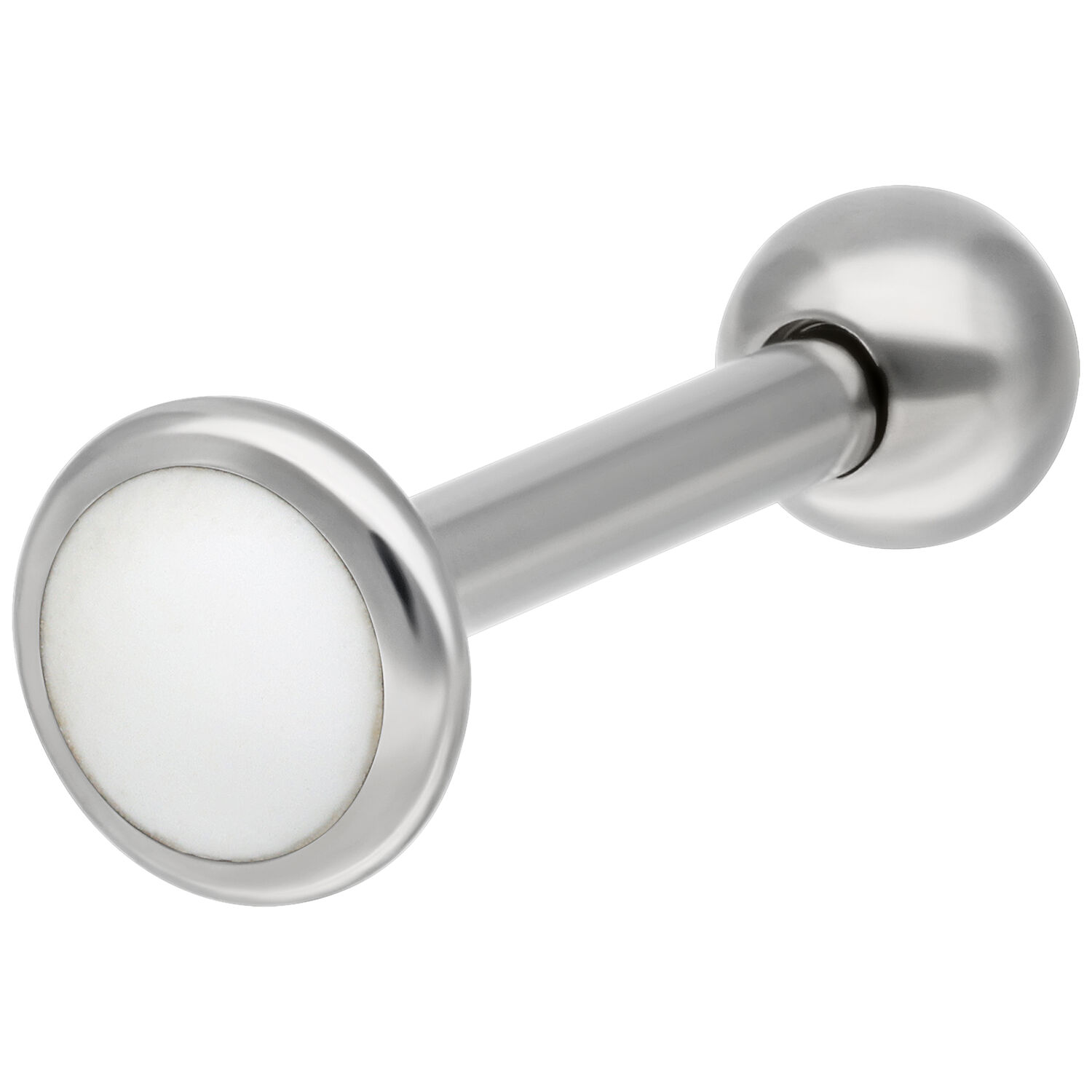 Labret en titane argenté avec filetage externe Labret en titane argenté avec surface lisse sur fond blanc