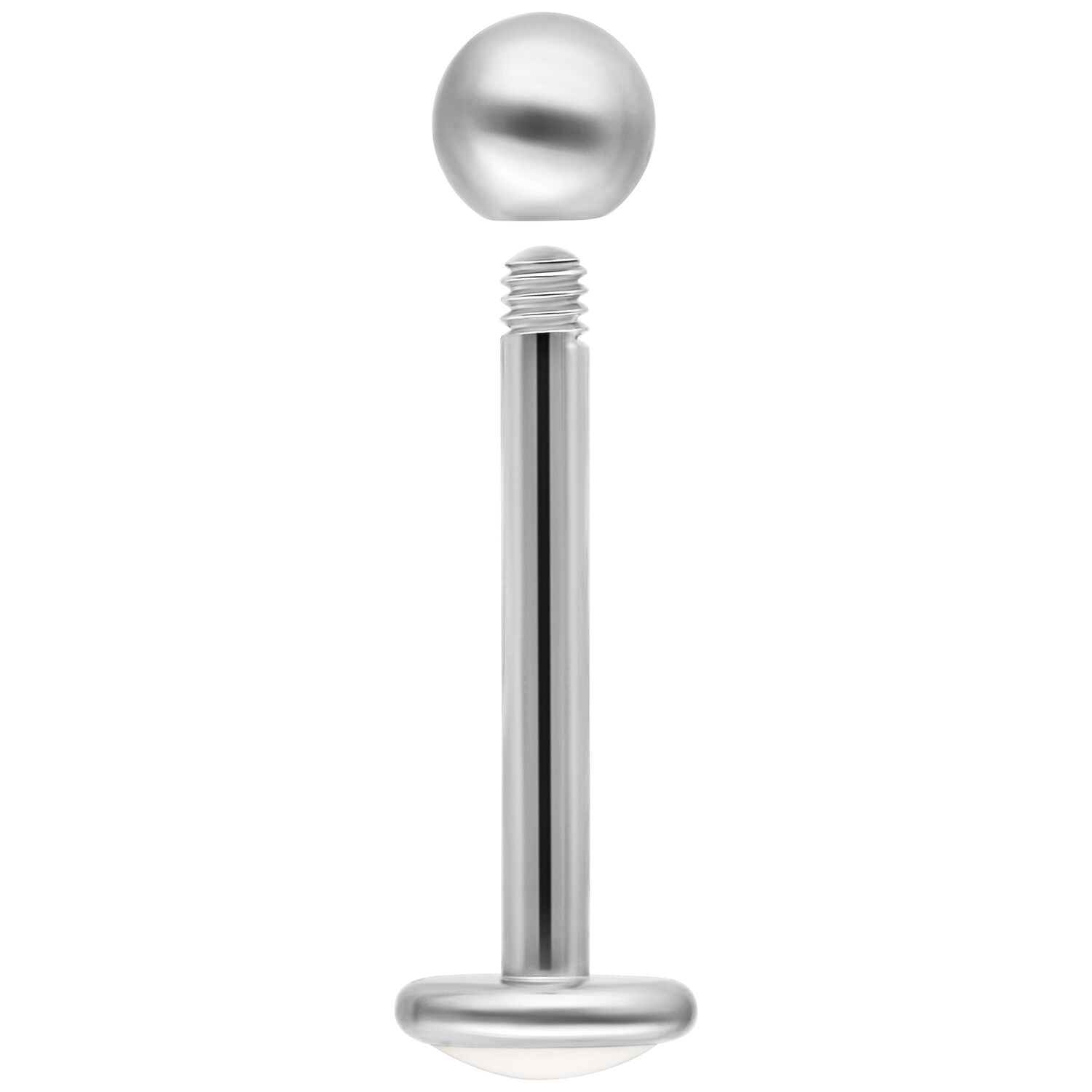 Labret en titane argenté avec filetage externe Labret argenté en titane avec boule et filetage externe sur fond blanc