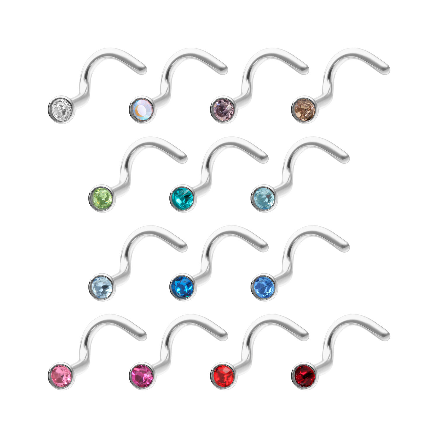Clou de nez en titane avec cristaux colorés Différents clous de nez en titane avec cristaux colorés sur fond blanc
