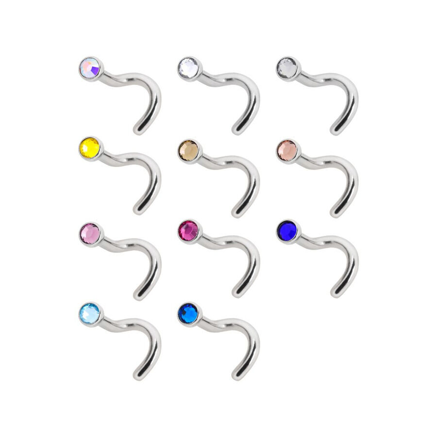 Piercing nasal polyvalent en titane avec cristaux Piercing nasal en titane argenté avec cristaux colorés sur fond blanc