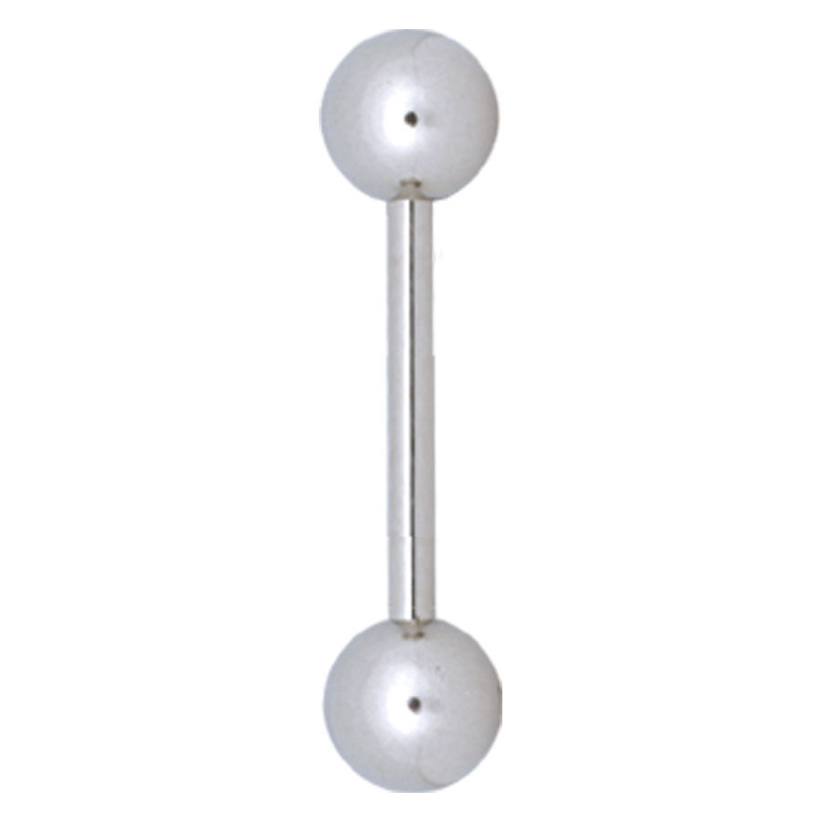 Barbell piercing en titane argenté Barbell piercing argenté avec deux boules sur fond blanc